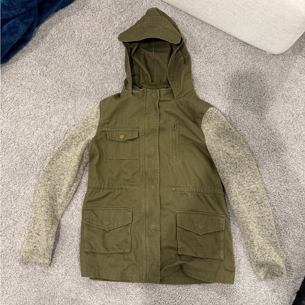 Olive and Oak Utility Jacket Green Hooded Cap Pockets Zippered Cotton Sz small